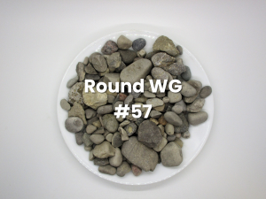 White plate of gray pebbles labeled “Round WG #57”