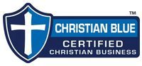Christian Blue Certified Christian Business logo with blue shield and white cross.