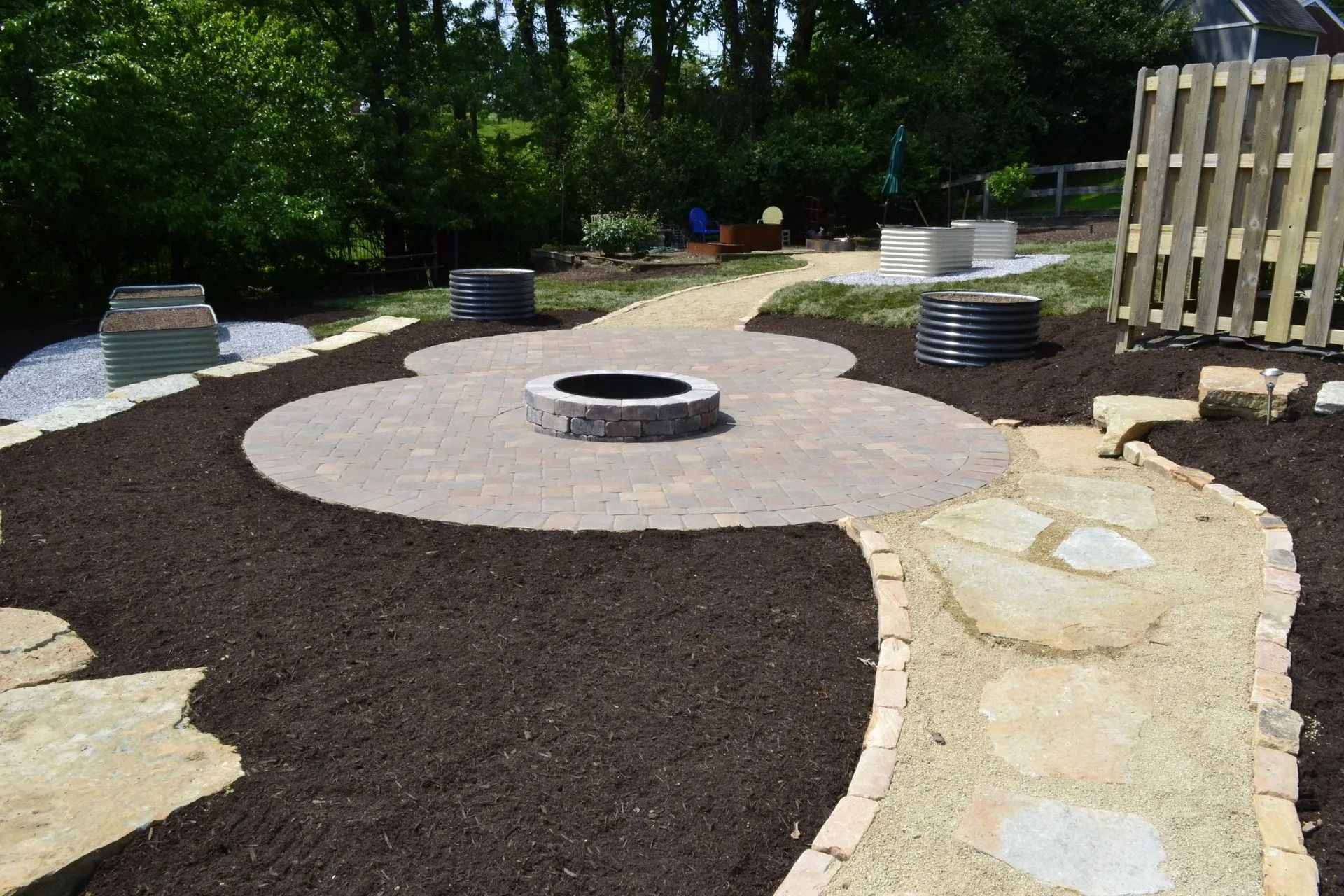 Curved stone and mulch garden path with a circular fire pit in the center, surrounded by trees