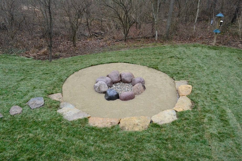 Backyard fire pit with circular stone ring and tan gravel pad on grass