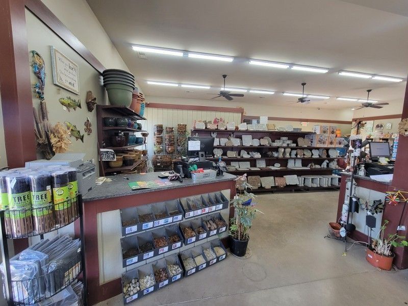 Small retail shop interior with shelves of packaged goods and plants, lit by fluorescent lights.