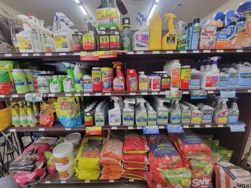 Grocery store shelf packed with colorful cleaning products and household supplies in rows