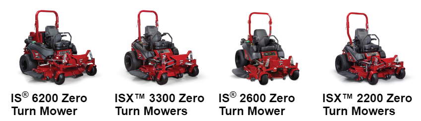 Four different types of lawn mowers are shown on a white background.