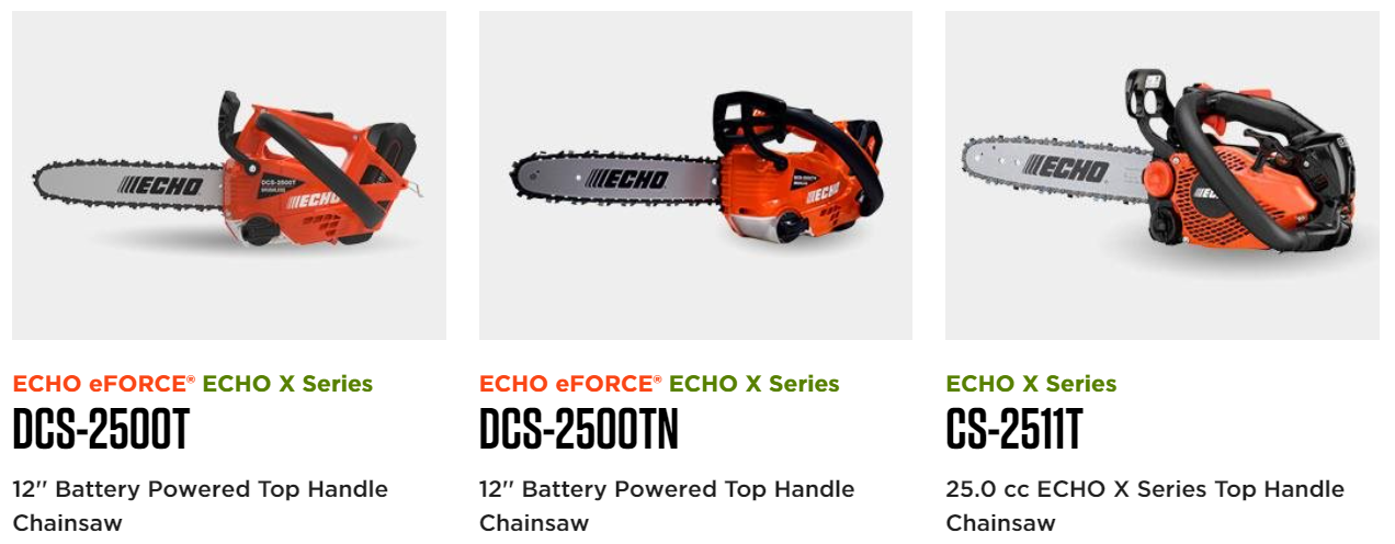 Three different types of chainsaws are shown