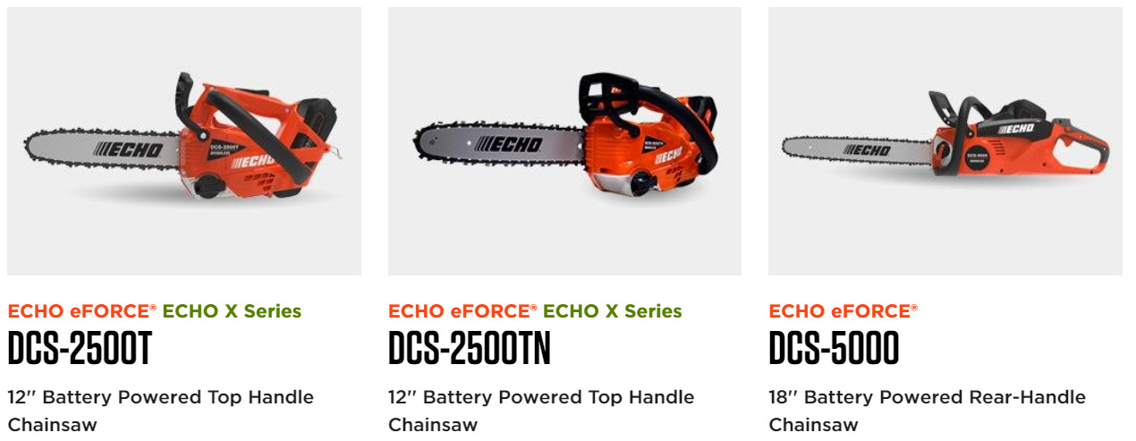 Three different types of chainsaws are shown on a website