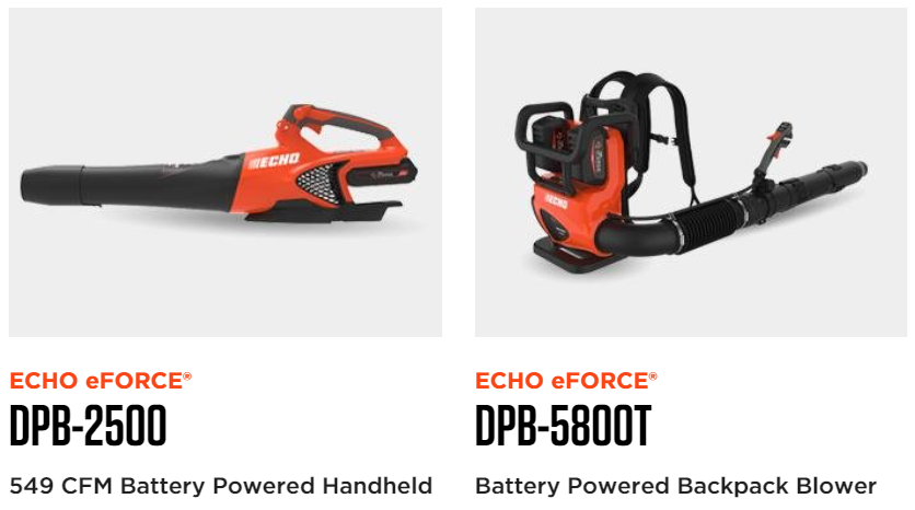 A picture of a battery powered backpack blower and a battery powered handheld blower