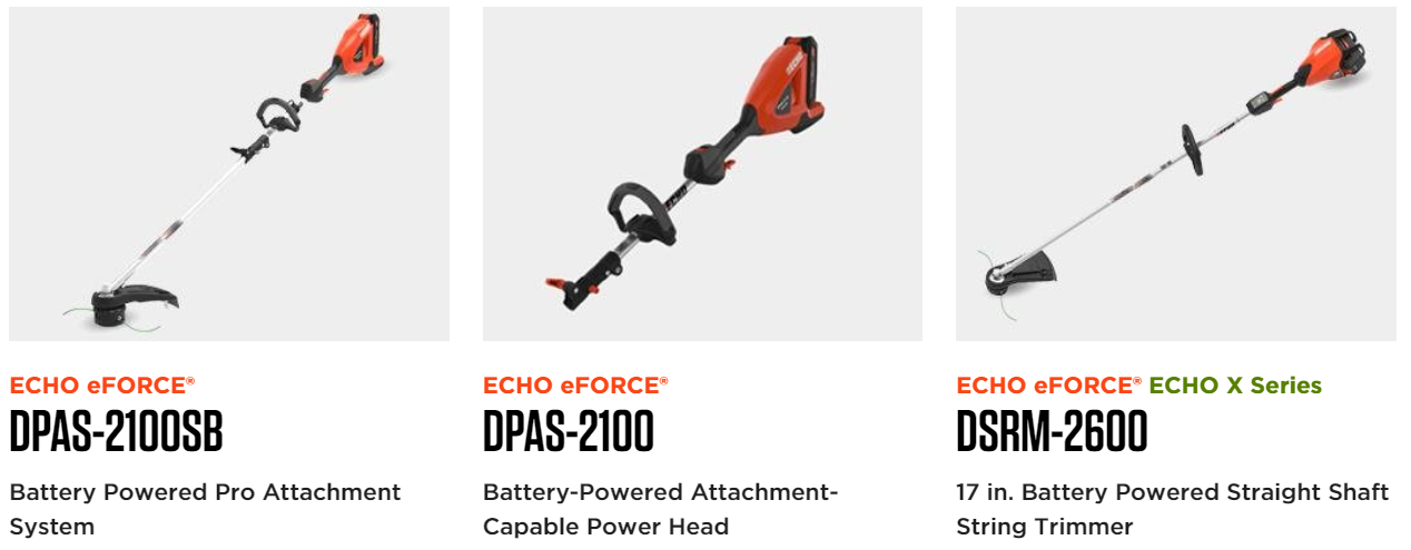 Three different types of echo trimmers are shown on a website