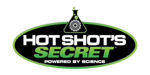 Logo for Hot Shot's Secret, a product with a green and black oval with white and green text, and a gear icon.