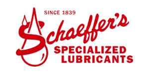 Logo for Schaeffer's Specialized Lubricants in red, featuring a stylized drop and script text.