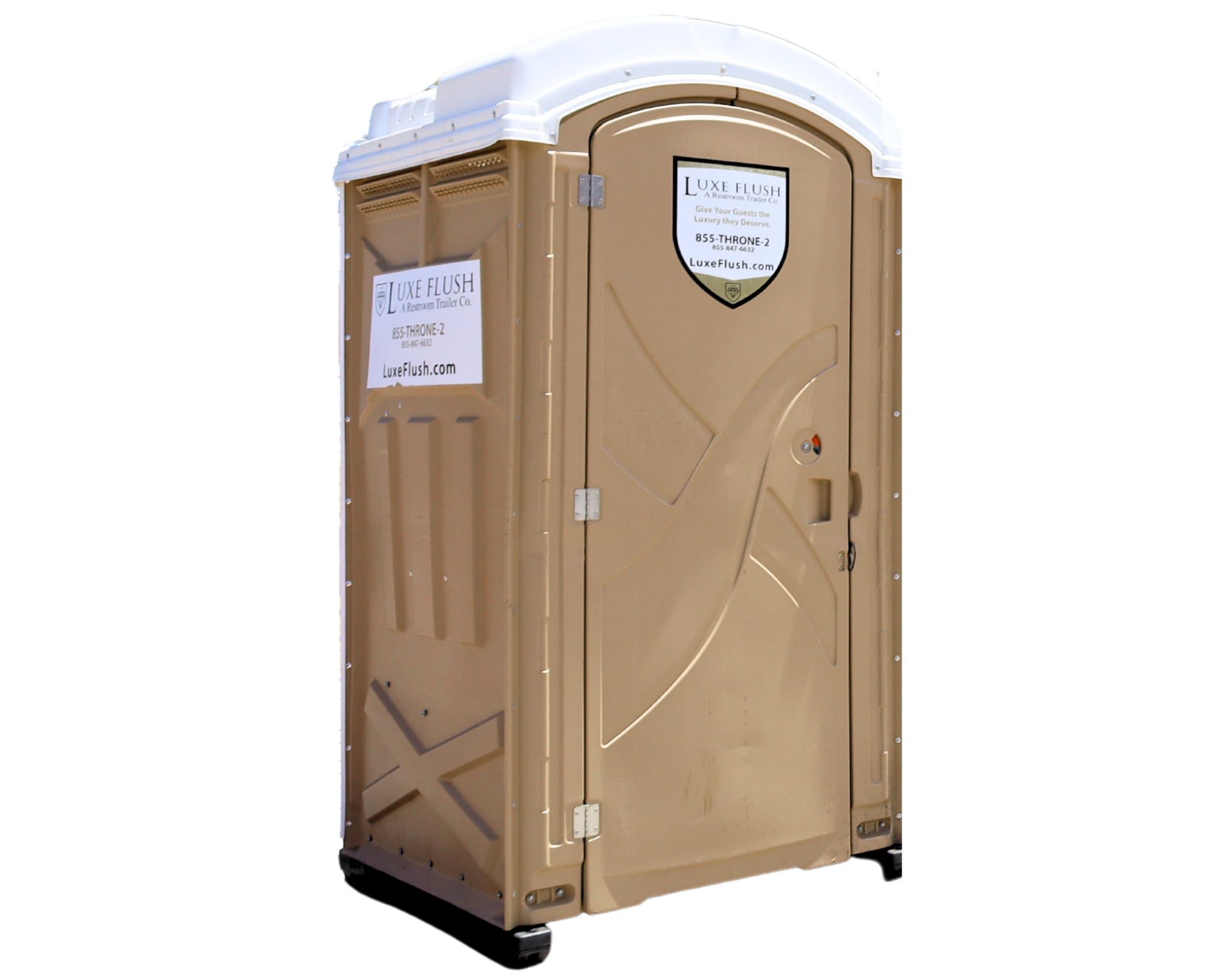 A brown portable toilet with wheels on a white background.