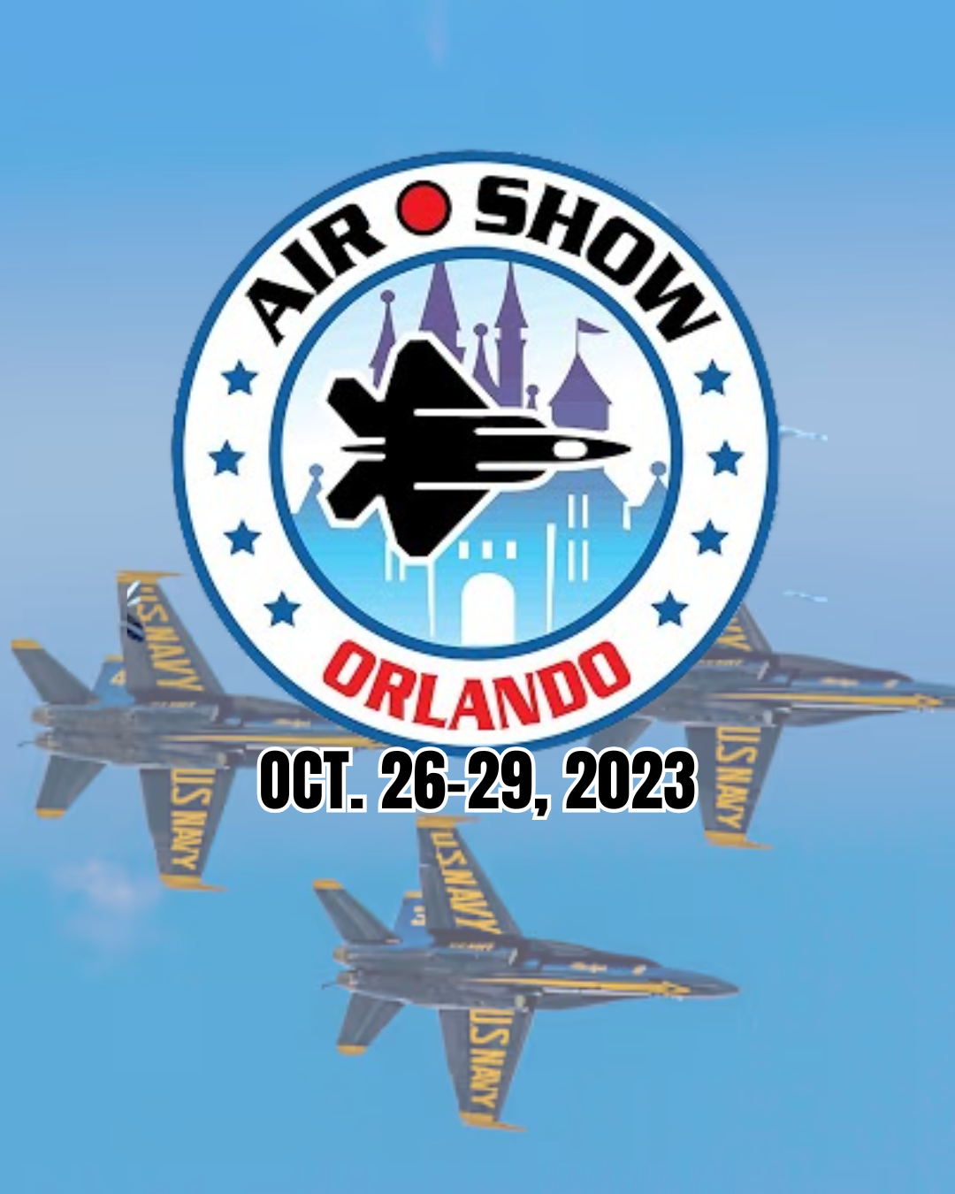 Airshow in Orlando. Planes in flight, view from cockpit. Red text: Air Dot Show, October 28-29, 2023.