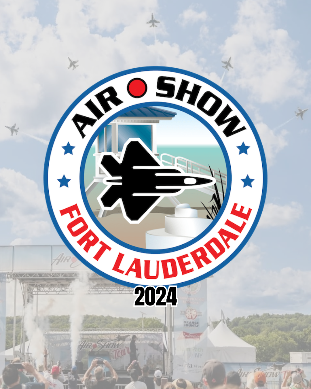 Air Dot Show Tour over Fort Lauderdale, May 11-12, 2024. F-16 fighter jets fly over beach and cityscape.