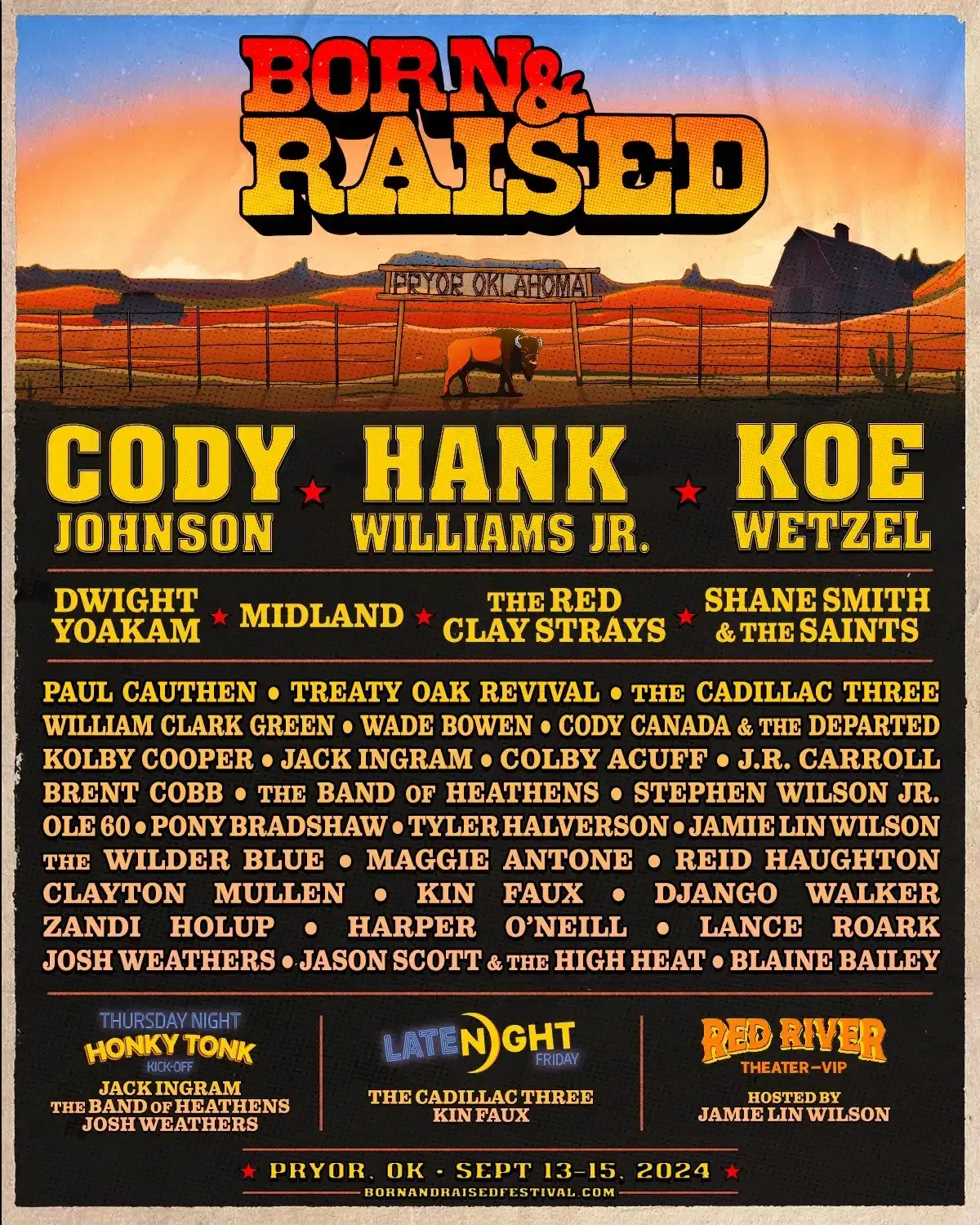 Born & Raised music festival poster: Pryor, OK, Sept 13-15, 2024. Cowboy theme, sunset backdrop, lineup announcement.