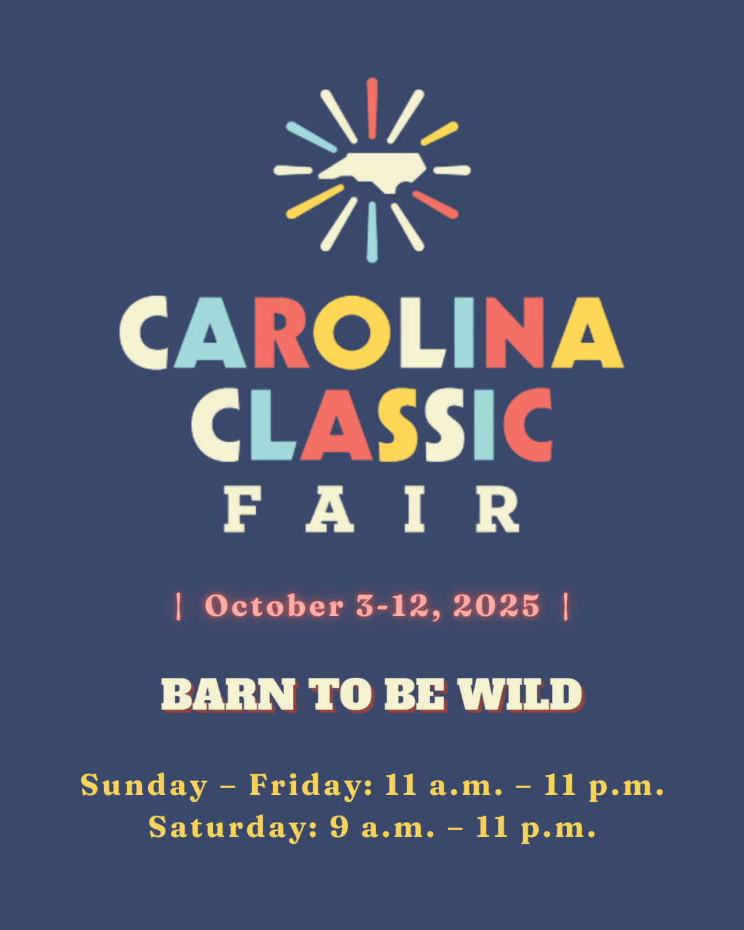 Carolina Classic Fair poster: A pig pilots a red airplane, October 3-12, 2025.