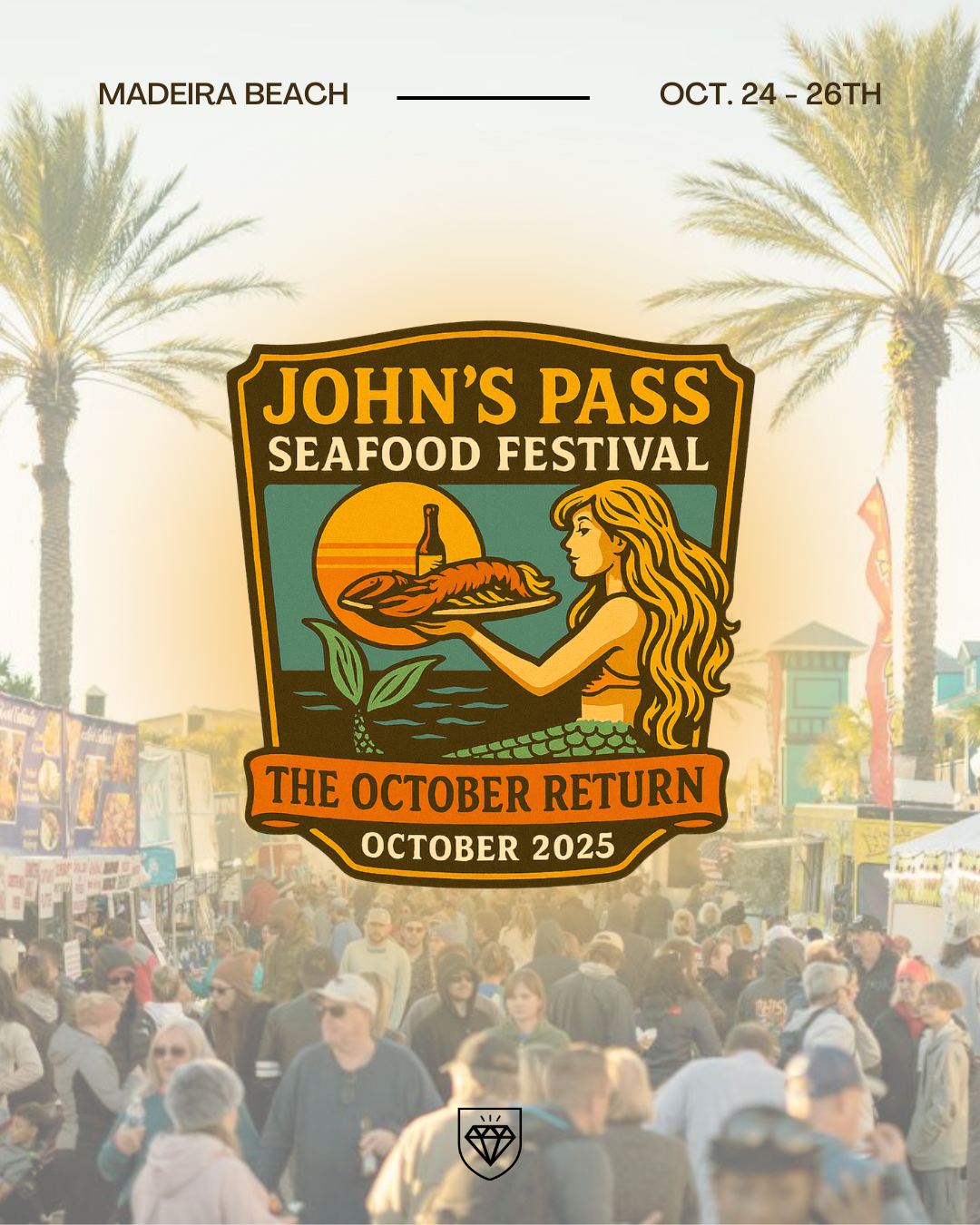 John's Pass Seafood Festival logo. Mermaid holding seafood. October 2025. Gold, brown, orange, black.