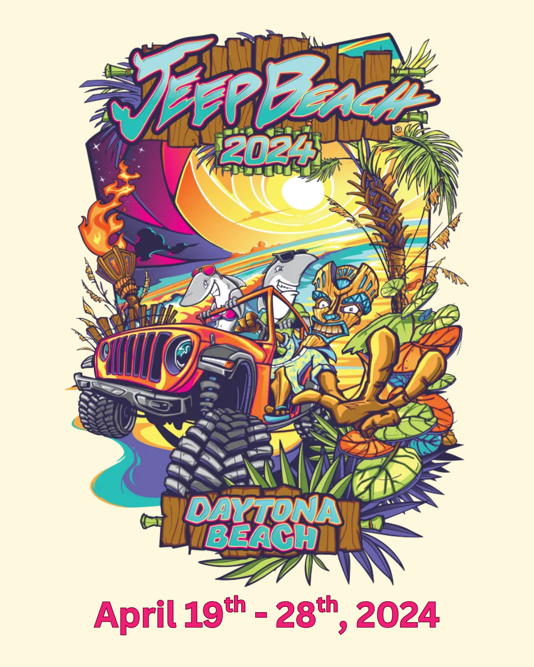 Jeep Beach 2024 logo on a red Jeep, the event is scheduled April 19th-28th, 2024.