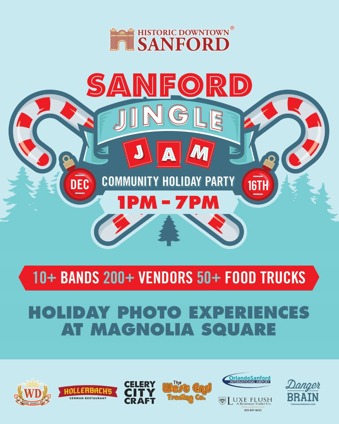 Jingle Jam holiday party ad with Santa and Rudolph. Saturday, Dec. 16th, 1-7 PM at Sanford. Snow and blue background.