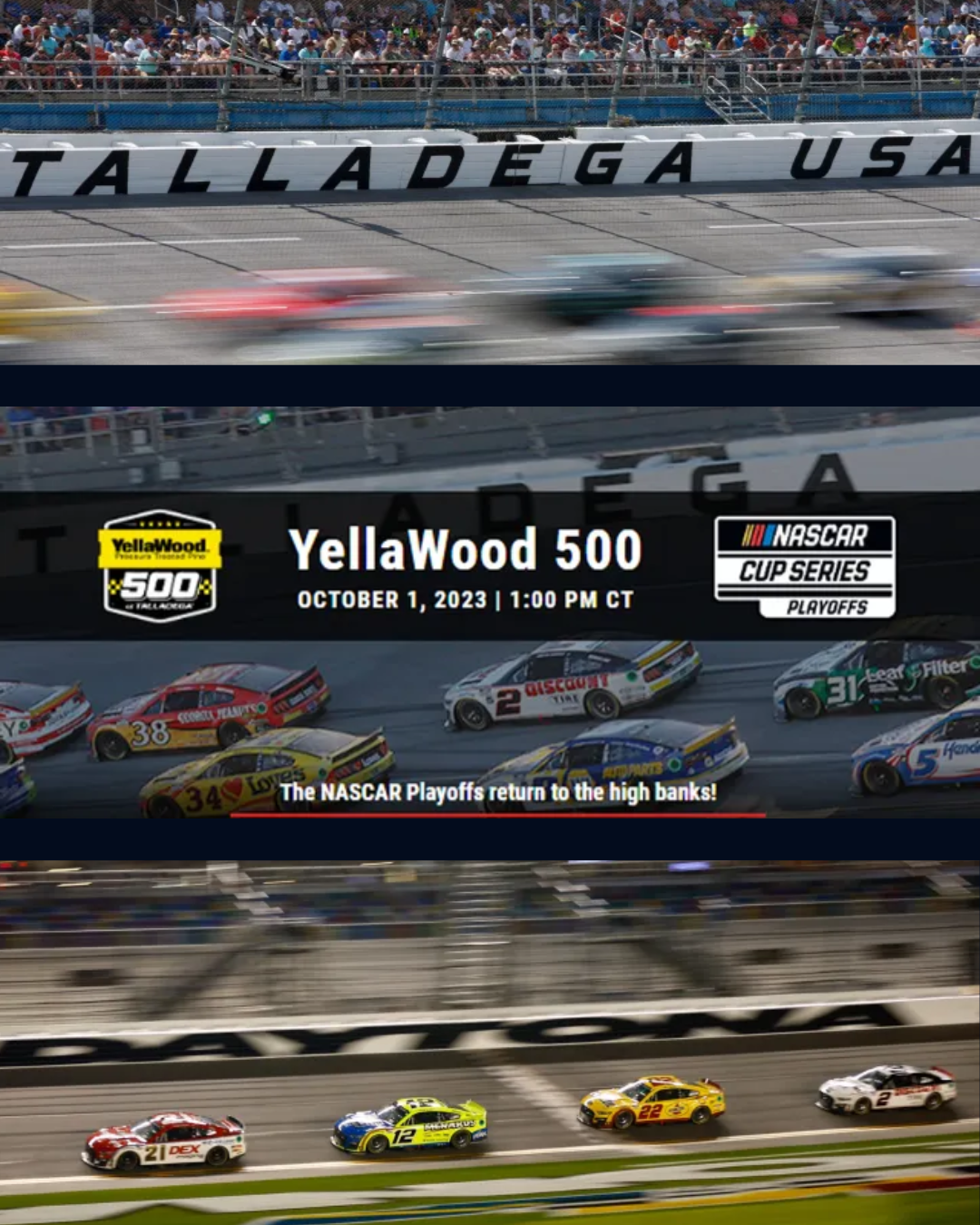 YellaWood 500 NASCAR race with cars racing. October 1, 2023, at Talladega.