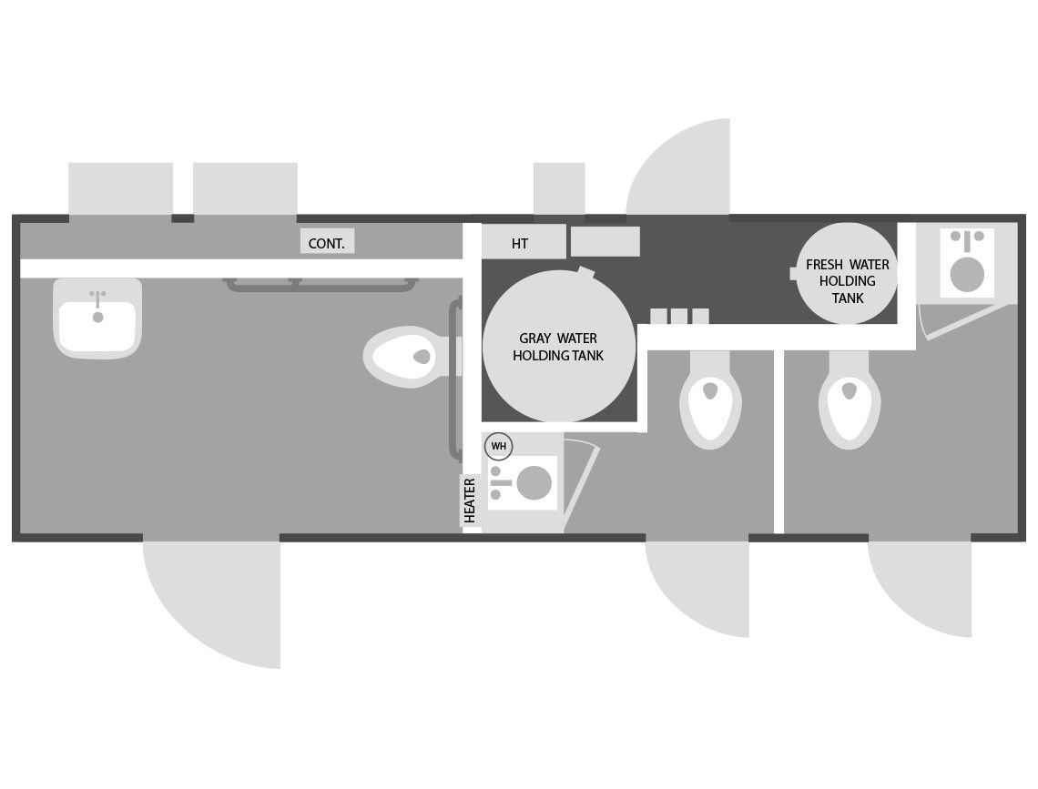 ADA 6x19', Plus 2, 3-Station Restroom Trailer layout