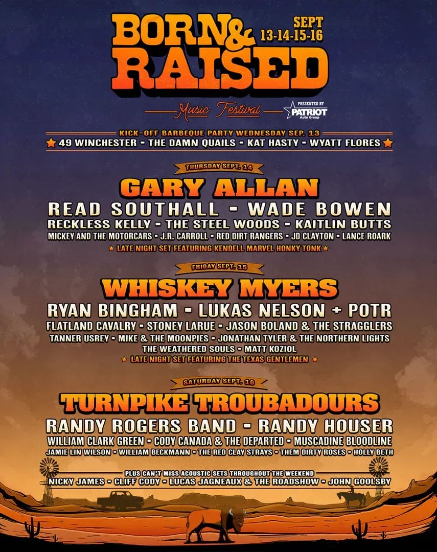 Born & Raised Music Festival logo. Orange text on a gradient background, featuring the dates Sept 13-16 and Patriot Auto Group.