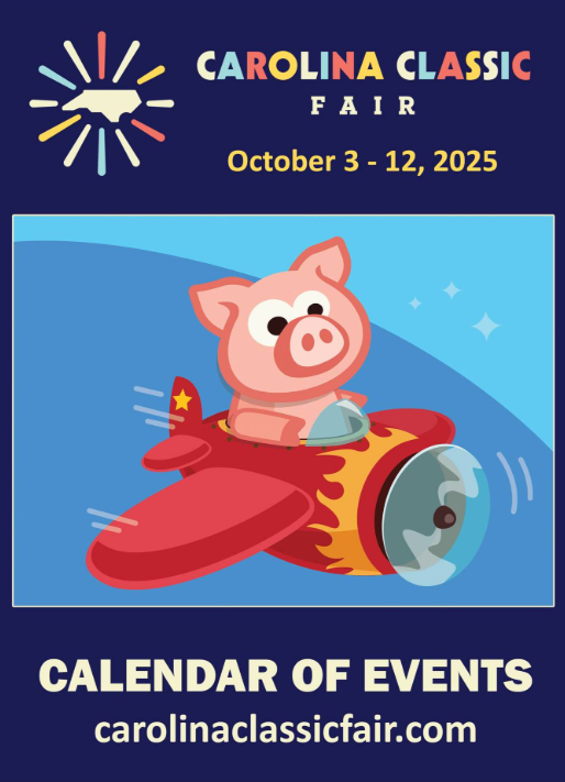 Carolina Classic Fair poster: A pig pilots a red airplane, October 3-12, 2025.