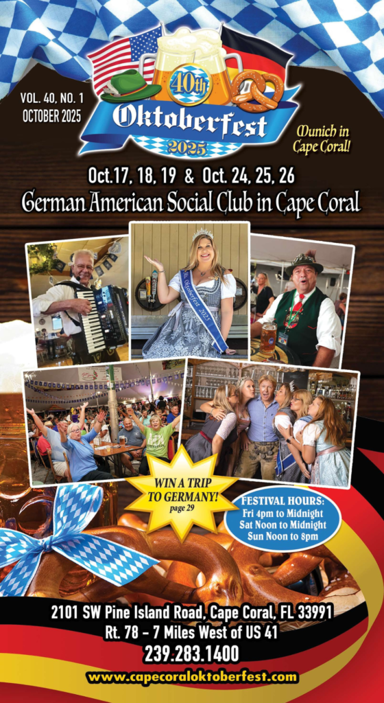 Oktoberfest flyer. German American Social Club in Cape Coral. Dates: Oct. 17-19 & 24-26. People, pretzels, beer, & details.