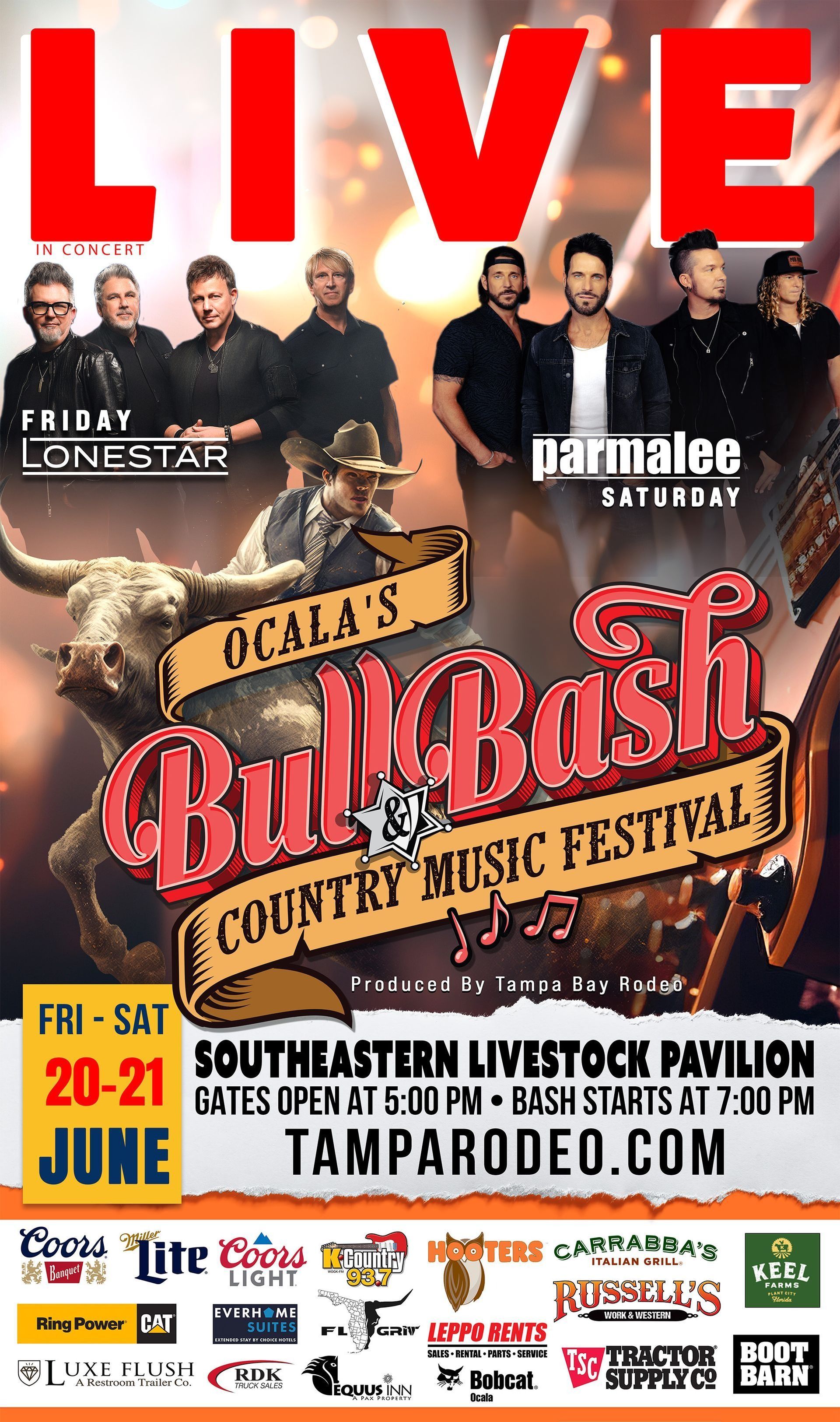 Poster for Ocala's Bull Bash Country Music Festival featuring Lonestar and Parmalee. Southeastern Livestock Pavilion. June 20-21.