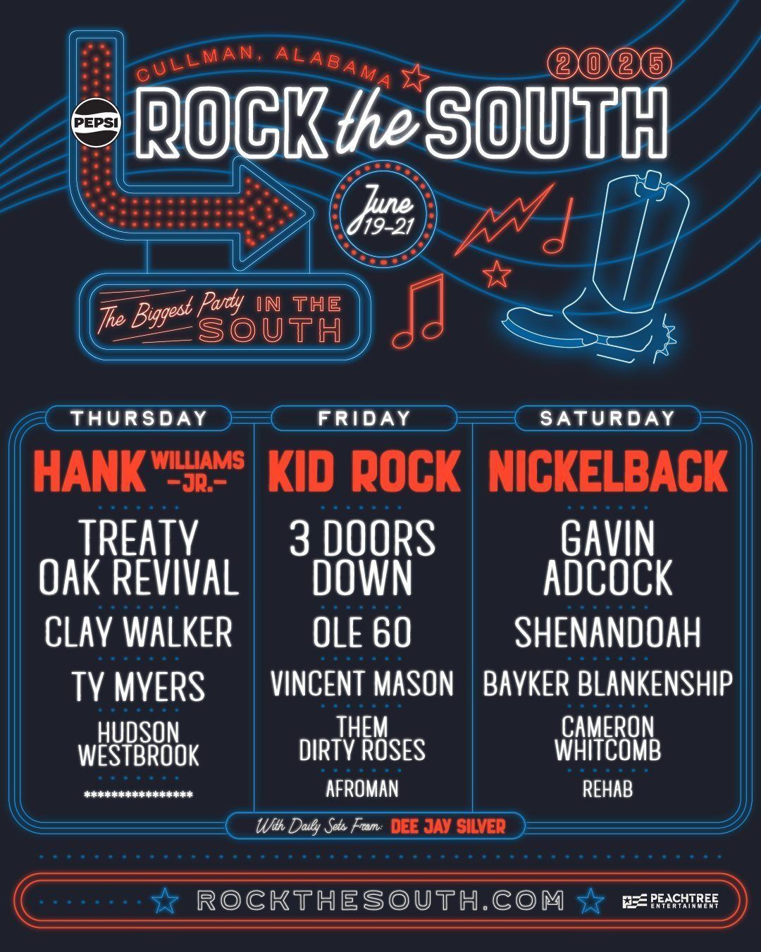 Rock the South music festival in Cullman, Alabama. Lineup includes Hank Williams Jr., Kid Rock, and Nickelback.