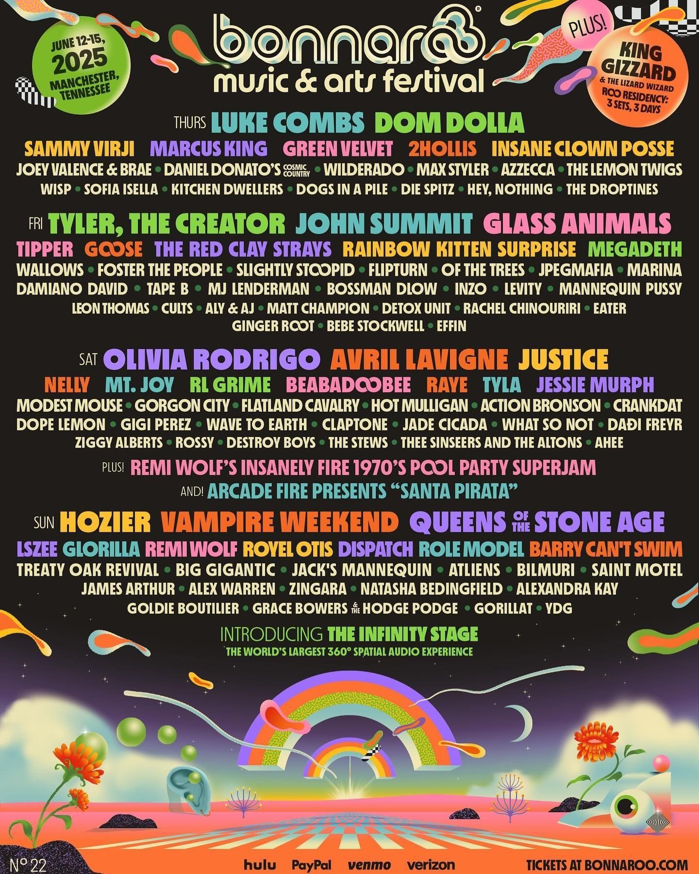 Bonnaroo 2025 music festival lineup poster with artists like Olivia Rodrigo, Hozier, and Tyler, the Creator.