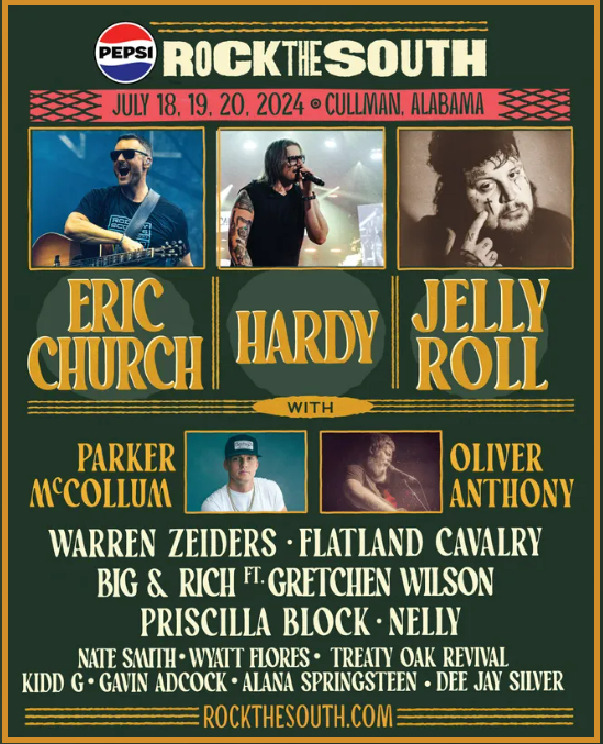 Rock the South music festival lineup: Eric Church, Hardy, Jelly Roll, Parker McCollum, Oliver Anthony, and more in Cullman, Alabama, July 18-20, 2024.