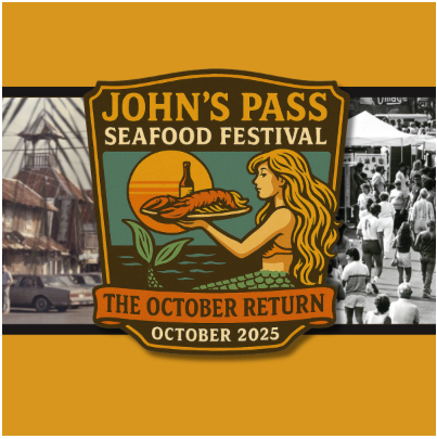 John's Pass Seafood Festival logo. Mermaid serving seafood; October 2025 return. Buildings and crowds frame the logo.