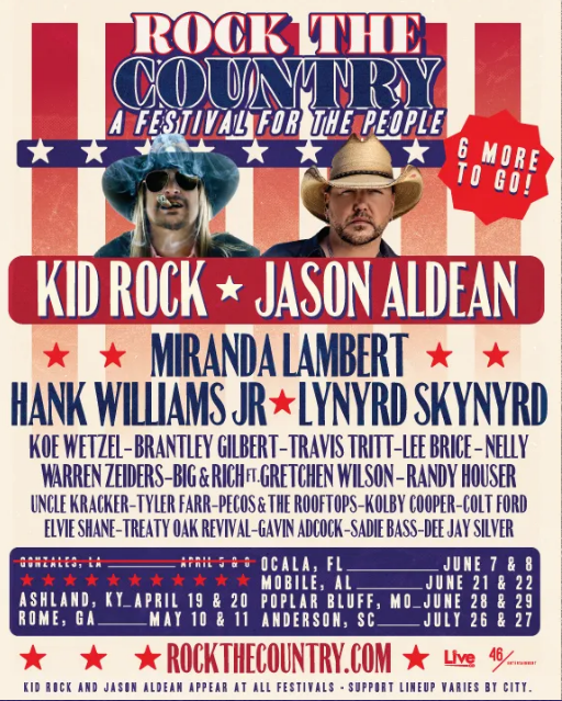 Rock the Country music festival poster: Kid Rock, Jason Aldean, Miranda Lambert, Hank Williams Jr., Lynyrd Skynyrd, and more.