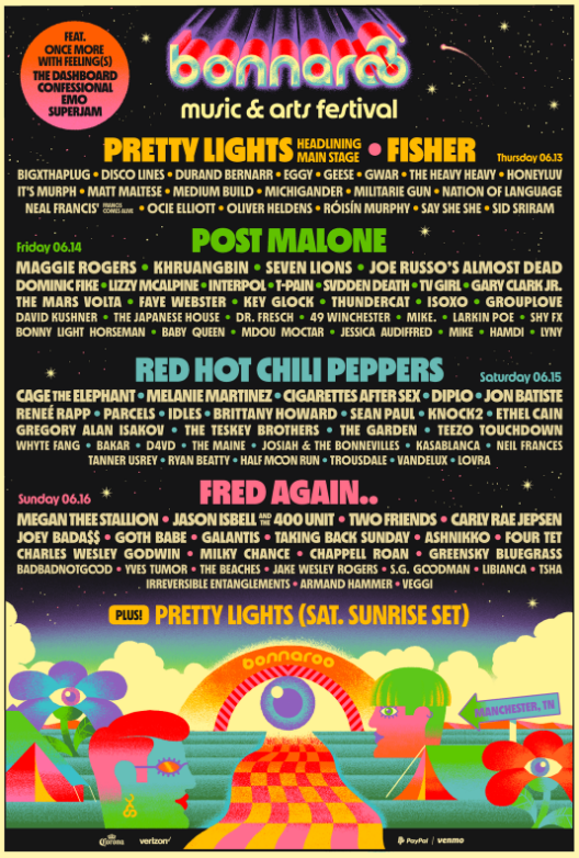 Bonnaroo Music & Arts Festival poster with headliners Pretty Lights, Post Malone, Red Hot Chili Peppers, and Fred Again.