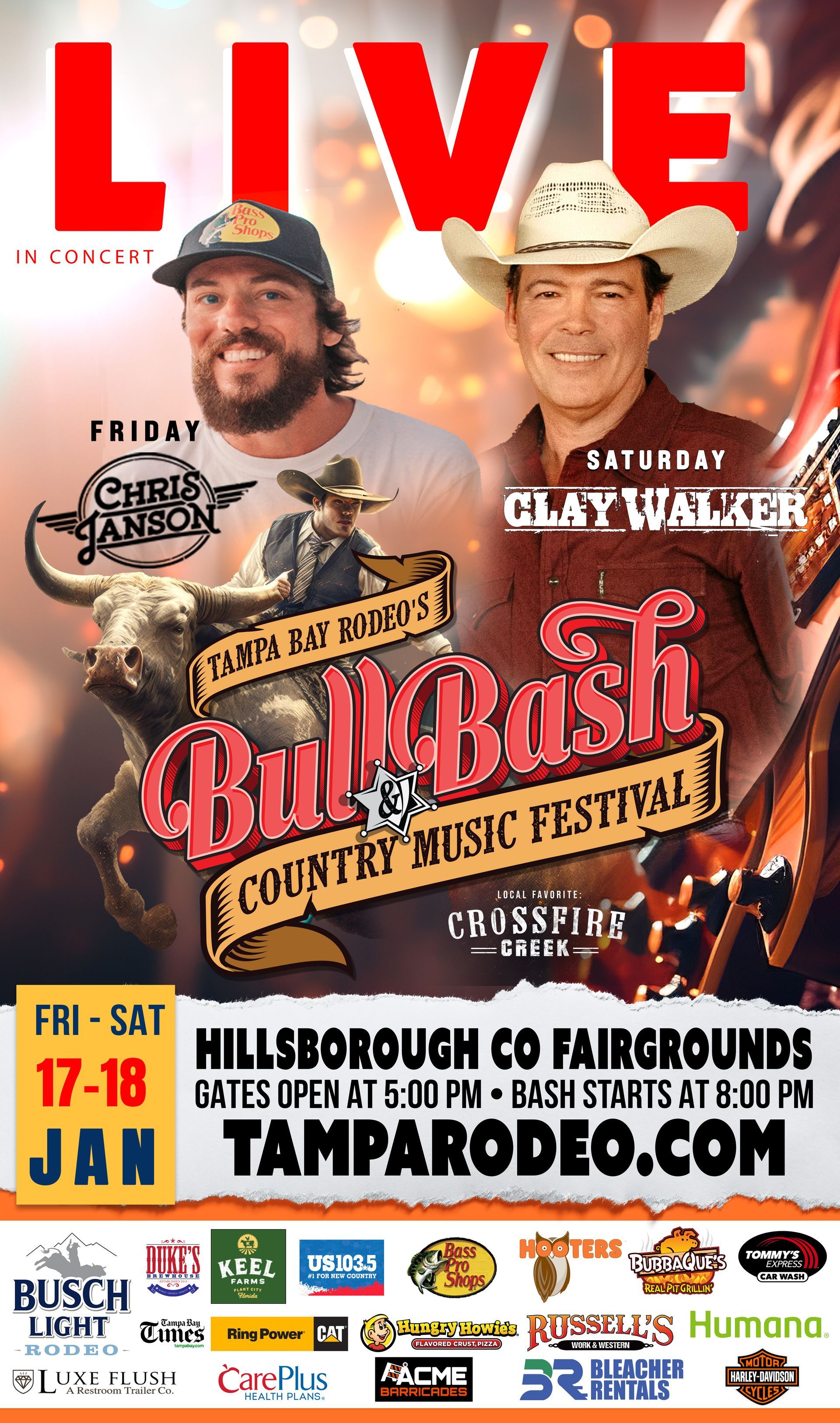 Promotional poster: Bull & Bash country music festival at Hillsborough County Fairgrounds, Tampa. Featuring Chris Janson and Clay Walker.