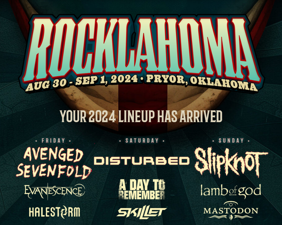 Rocklahoma 2024 festival lineup featuring Avenged Sevenfold, Disturbed, and Slipknot in Pryor, Oklahoma, August 30-September 1.