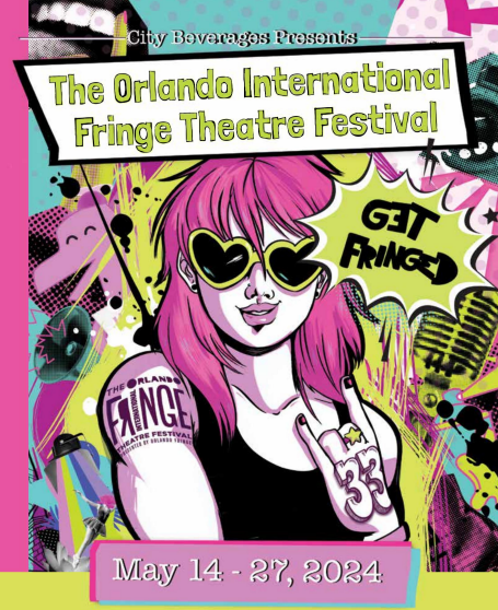 Orlando Fringe Festival poster: Pink-haired person with heart sunglasses,