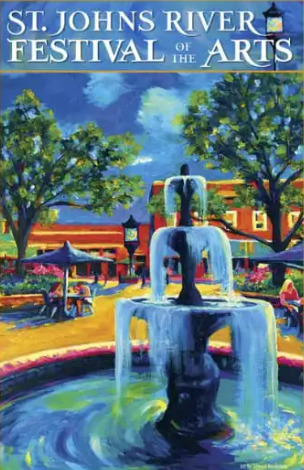 St. Johns River Festival of the Arts poster: Fountain in a park with trees and buildings, blue and yellow hues.