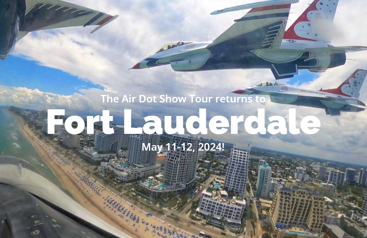 Air Dot Show Tour over Fort Lauderdale, May 11-12, 2024. F-16 fighter jets fly over beach and cityscape.