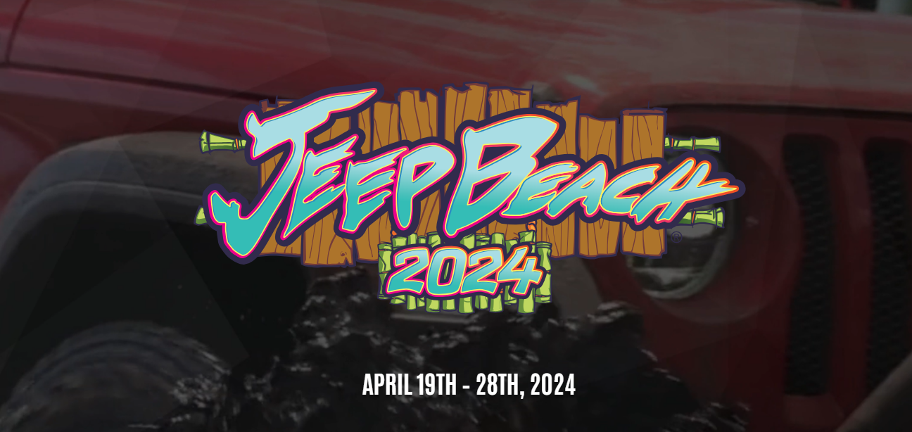 Jeep Beach 2024 logo on a red Jeep, the event is scheduled April 19th-28th, 2024.
