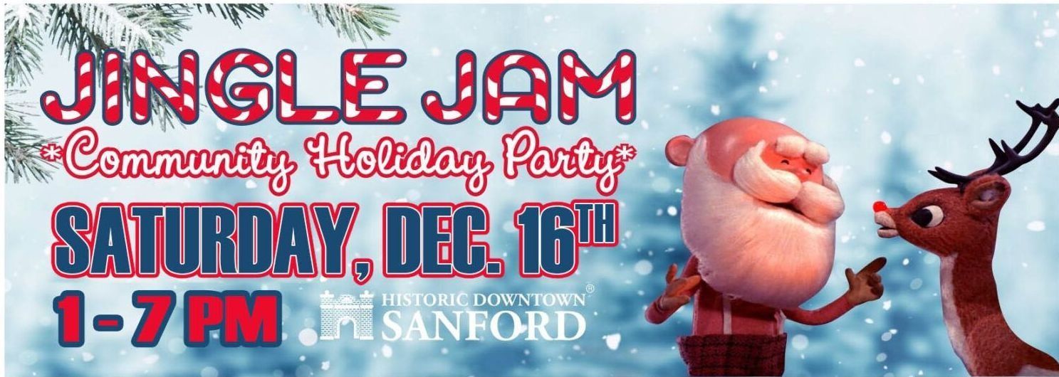 Jingle Jam holiday party ad with Santa and Rudolph. Saturday, Dec. 16th, 1-7 PM at Sanford. Snow and blue background.