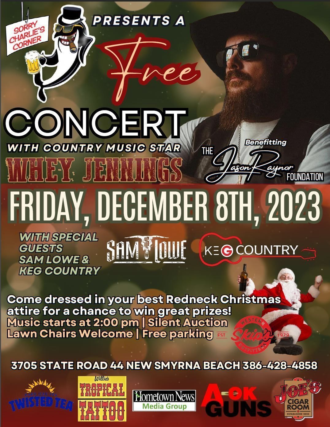 Concert flyer: Wiley Jennings with special guests, Friday, December 8, 2023 in New Smyrna Beach, FL. Redneck Christmas attire encouraged.
