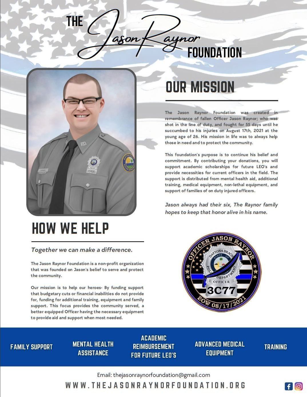 Flyer for The Jason Raynor Foundation.  Officer in uniform, mission statement, and how they help the community.
