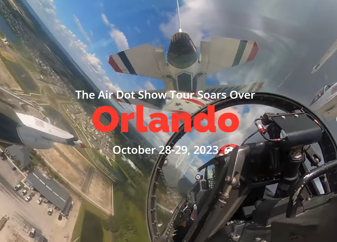 Airshow in Orlando. Planes in flight, view from cockpit. Red text: Air Dot Show, October 28-29, 2023.