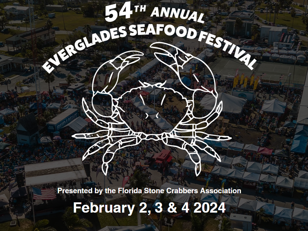 54th Annual Everglades Seafood Festival logo. Features crab graphic and festival dates: February 2, 3 & 4, 2024.