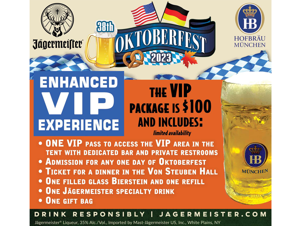 Oktoberfest 2023 VIP experience promotion with text and beer mug, including a gift bag, and a specialty drink.