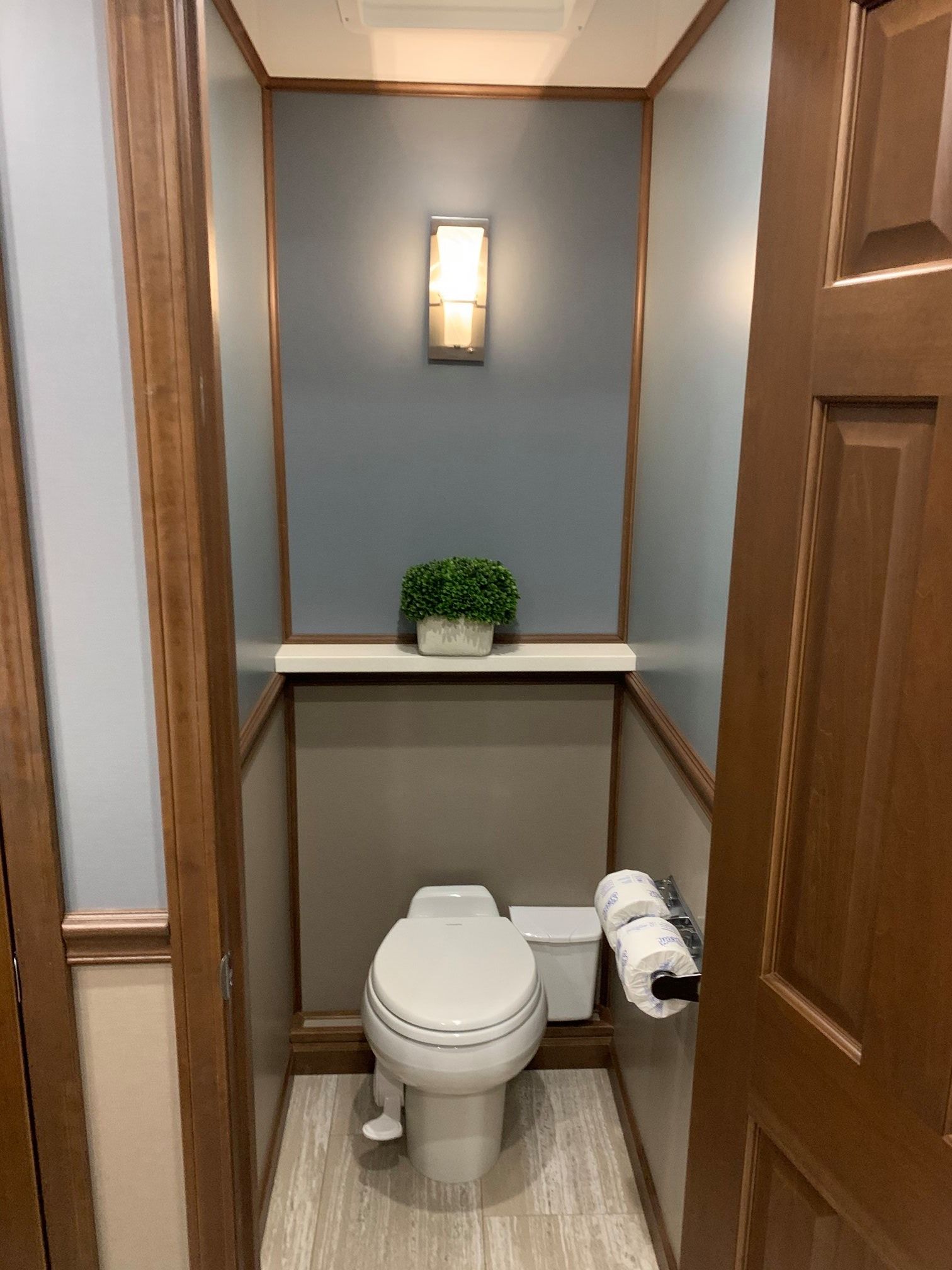 A small bathroom with a toilet and a plant on the wall