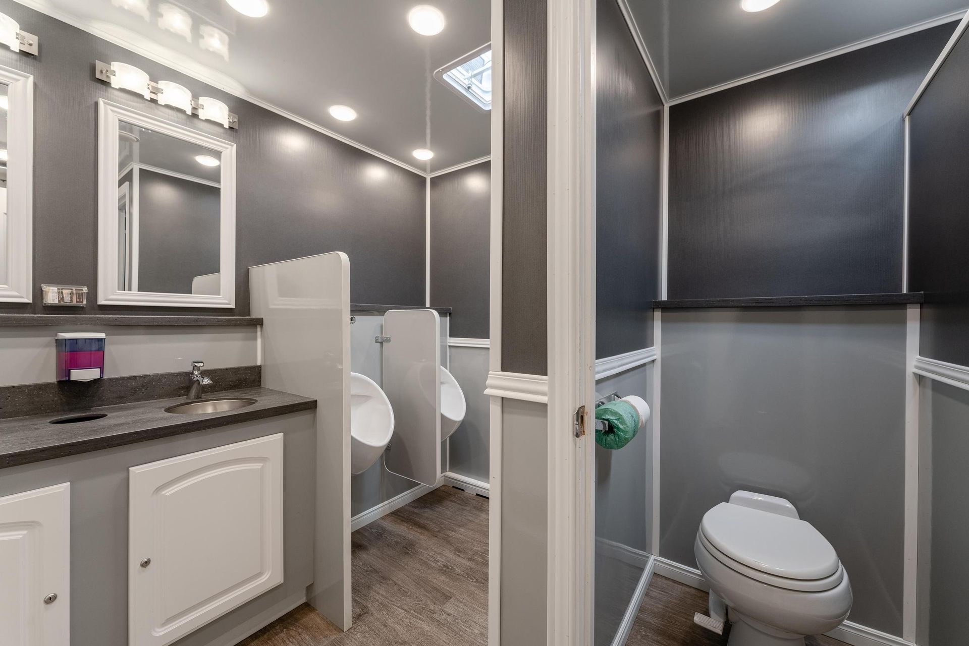 A bathroom with a toilet, sink, mirror, and urinals