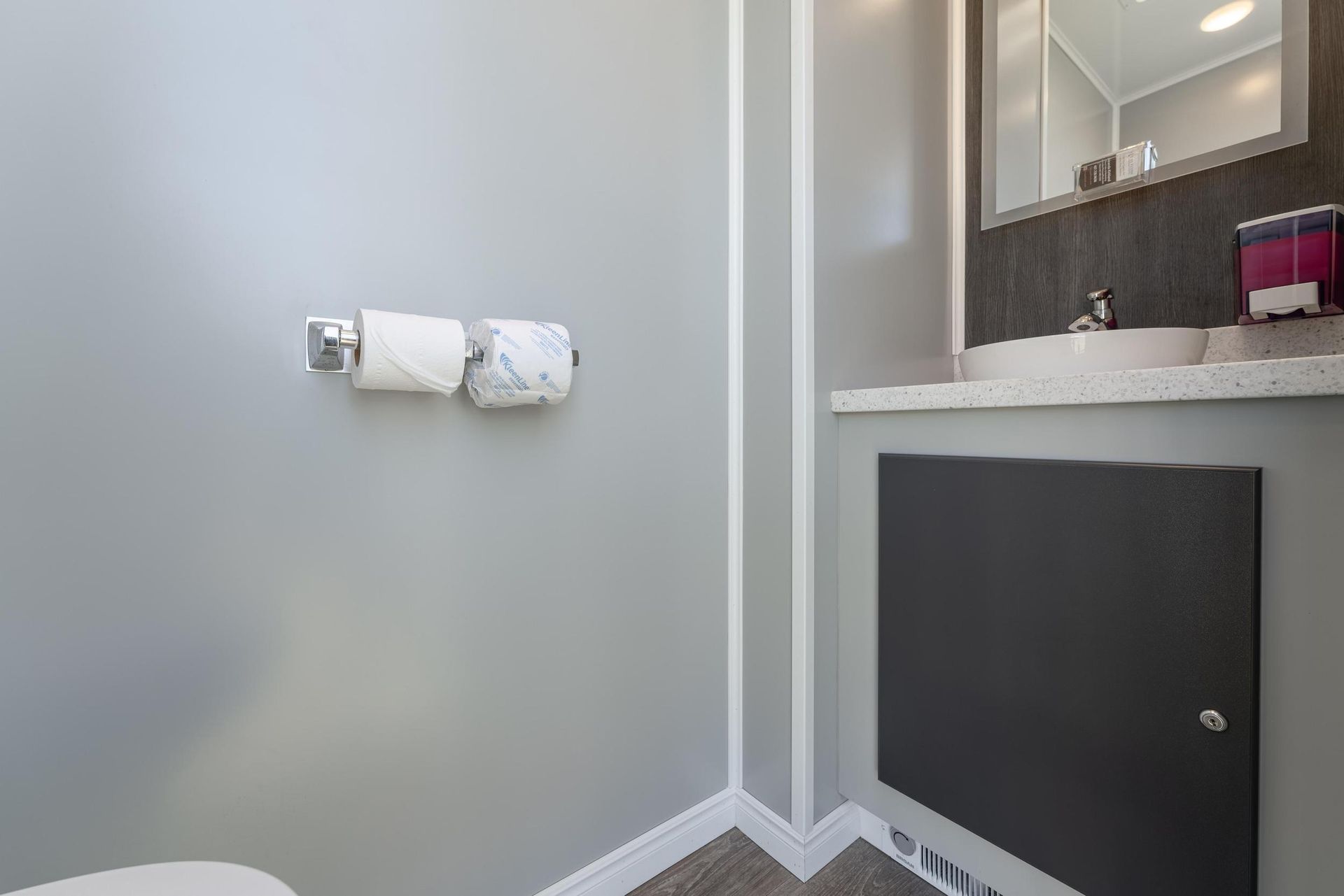 A bathroom with a toilet, sink, and mirror