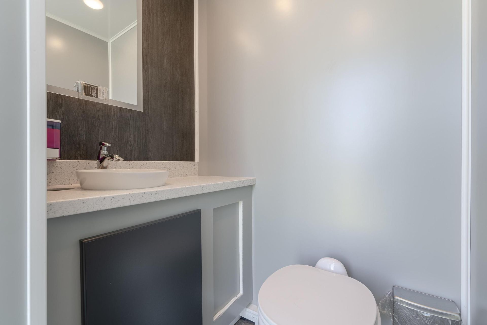 A bathroom with a sink, toilet, and mirror