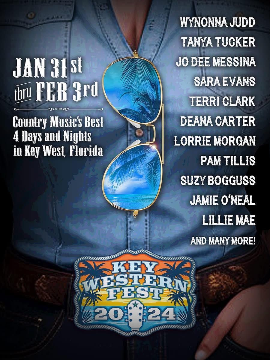 Key Western Fest 2024 promotional graphic. Featuring Wynonna Judd, Tanya Tucker, and more country artists. Held in Key West, Florida.